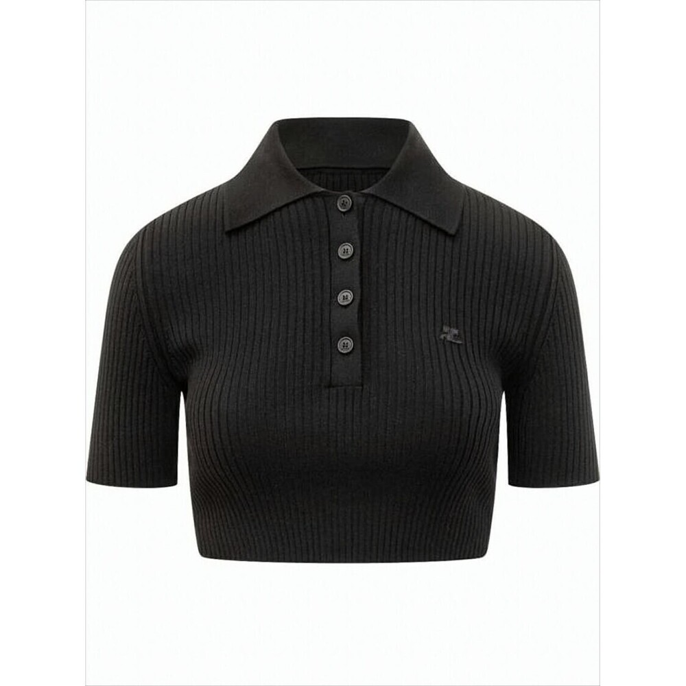 COURRÈGES Fitted Ribbed Knit Crop Top with Polo Collar